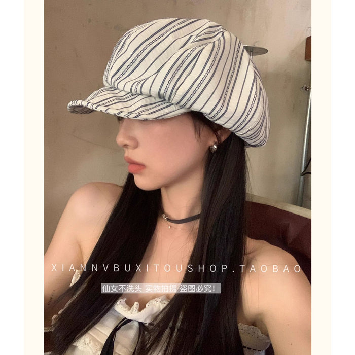 Wholesale Vintage striped thin octagonal beret with new wide brim