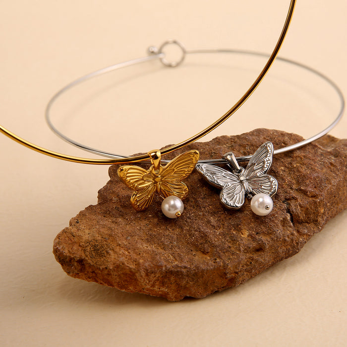 Wholesale Fashionable and personalized stainless steel butterfly hanging pearl pendant collar accessories color preservation wholesale