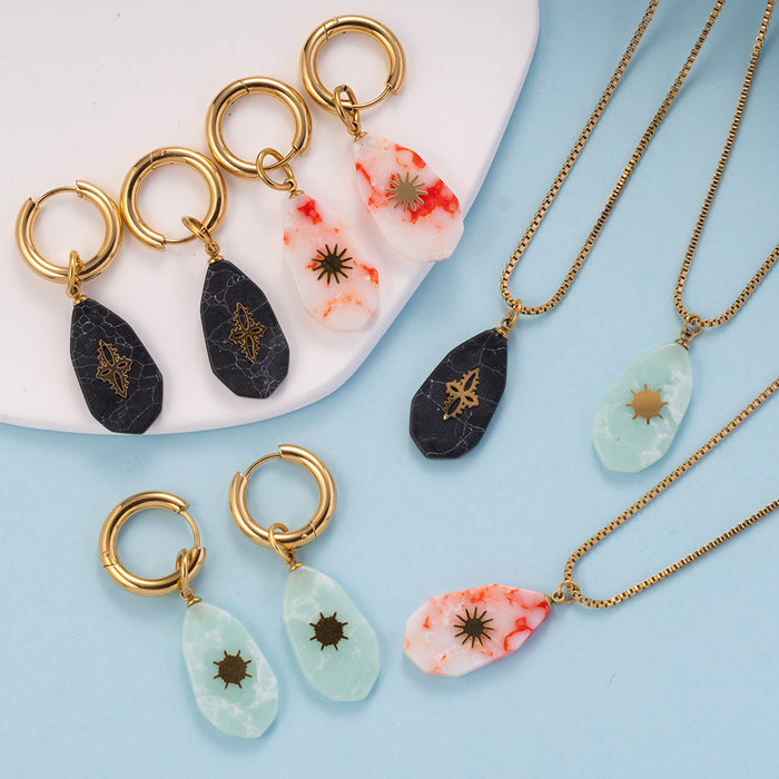 Wholesale Fashionable retro stainless steel necklace with natural stone pendant, light luxury temperament necklace earring set