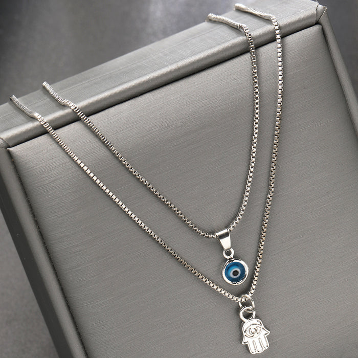 Wholesale Retro New Light Luxury Chain Set, Simple Devil's Eye Palm Necklace, Gold 2-piece Set
