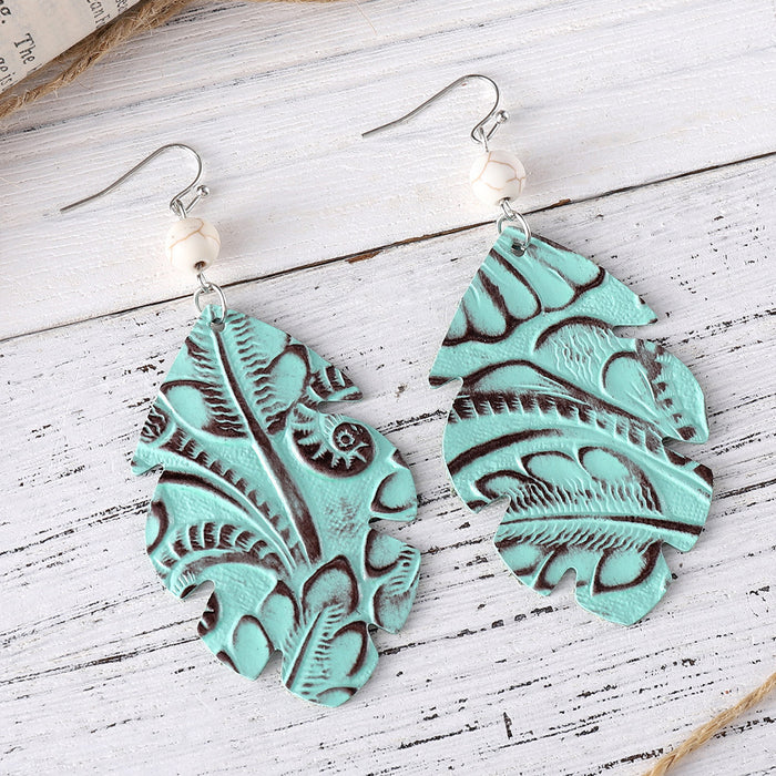 Wholesale Leather Bohemian Leaf Pattern Turquoise ing Earrings Boutique Resale Jewelry