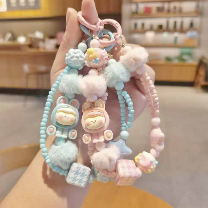 Wholesale Cartoon hot style plush beaded mobile phone chain keychain bag pendant