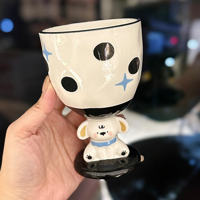 Wholesale Hand-painted puppy design pink polka dot ceramic mug with a tall base.