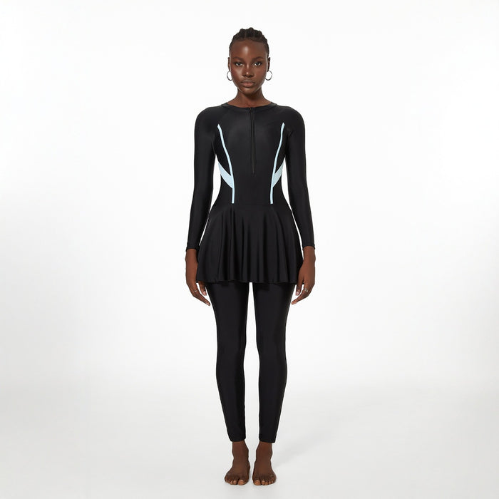 Wholesale Swimsuit with one-piece belly covering skirt, long sleeved pants, surfing one-piece swimsuit