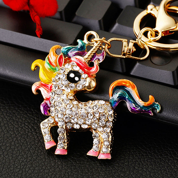 Wholesale Cartoon Unicorn Diamond studded Car Keychain Pendant Metal Keychain Ring