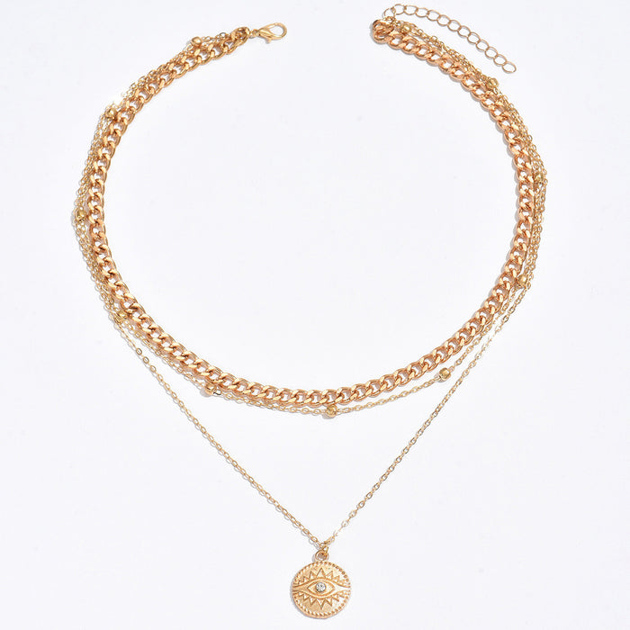 Wholesale Fashion Devil's Eye circular pendant necklace with 3 layers of thick chain, coins inlaid with diamonds, collarbone chain
