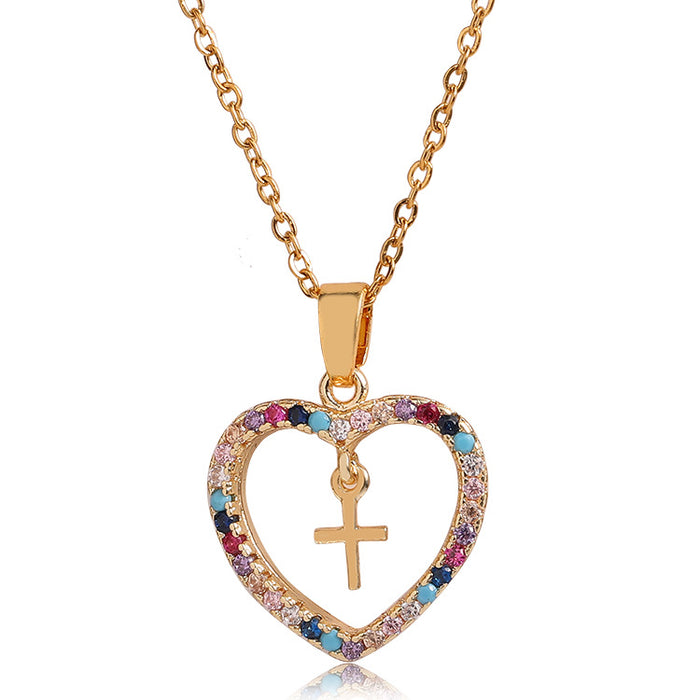 Wholesale  Jewelry Micro-inlaid Color Zircon Geometric Cross Pendant Heart-shaped Necklace
