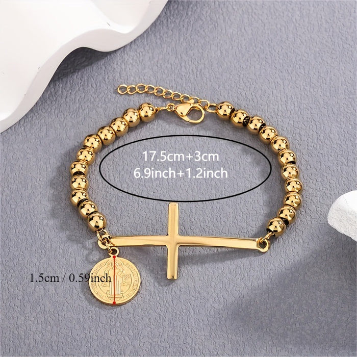 Wholesale Stainless steel round bead bead string bracelet with cross hanging tag
