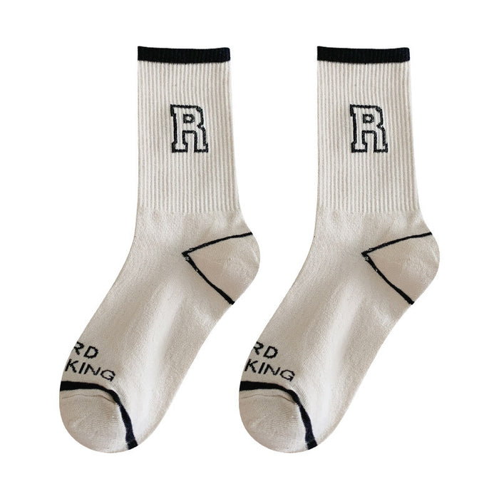 Wholesale Spring and Autumn Black and White High Elastic Alphabet Sports Middle Tube Women's Socks