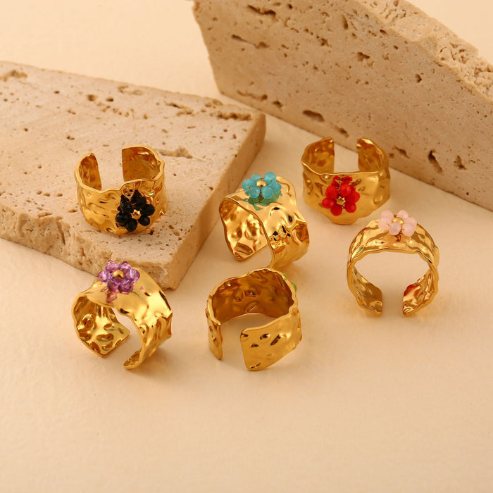 Wholesale Simple and fashionable 18K stainless steel flower ring, trendy stone petal opening ring, multi-color wholesale
