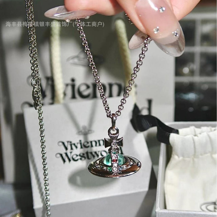 Wholesale Medium sized large mint green orb three-dimensional planet necklace Saturn versatile collarbone chain