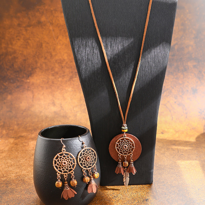 Wholesale Retro Boho Dreamcatcher Hollow Earrings and Necklace Set Fashion Jewelry MOQ≥2