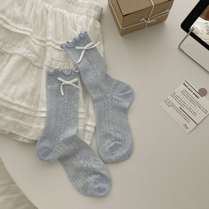 Wholesale Bow shaped mid tube socks with thin hollow mesh breathable stacking socks