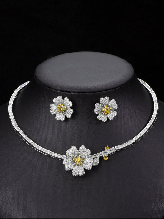 Wholesale Fashion Simple Camellia Zircon Jewelry suit Earrings Necklace suit Accessories