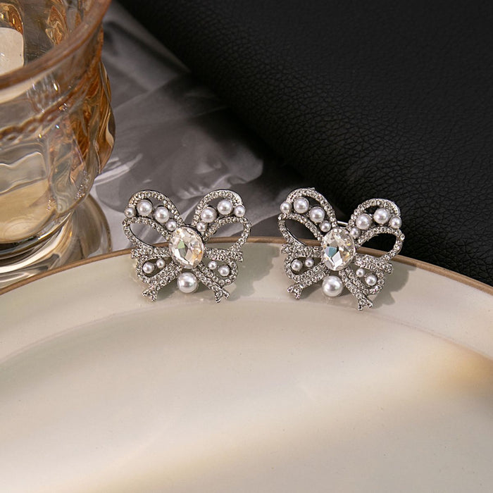 Wholesale Silver needle sweet pink heart earrings simple micro-inlaid zircon pearl earrings bow earrings