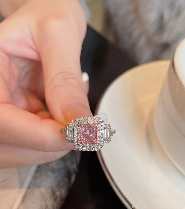 Wholesale Princess Powder Luxury Flash Diamond Pink Diamond Ring Super Flash Micro Set Square Pink Diamond Index Finger Jewelry