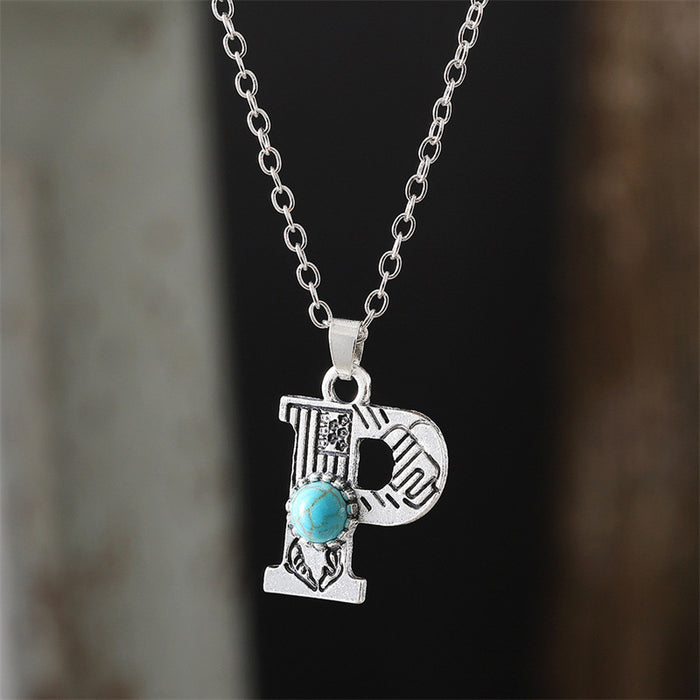 Wholesale 2pcs Retro 26 English Letter Turquoise Necklace