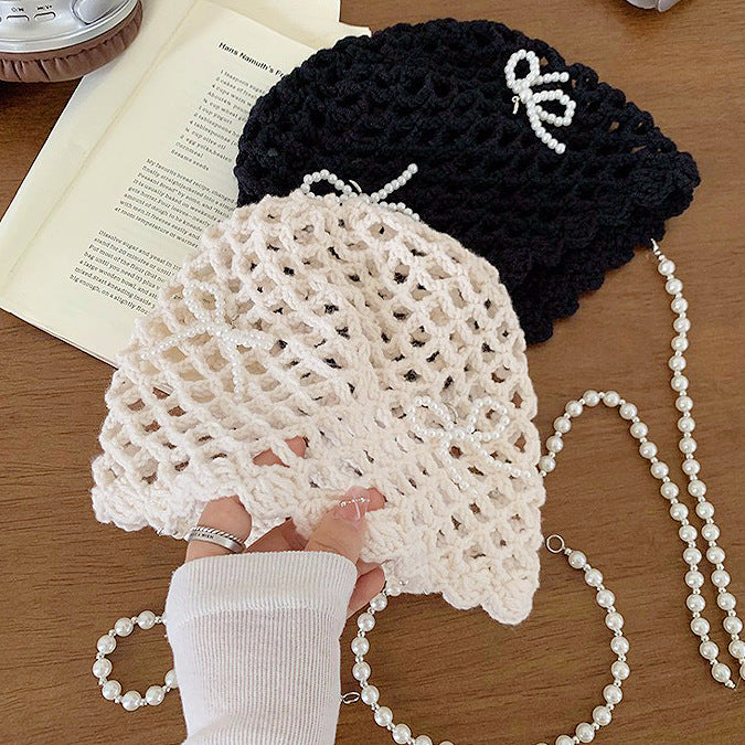 Wholesale Hollow out handmade crochet hat vintage pearl bow tassel travel versatile knitted hat