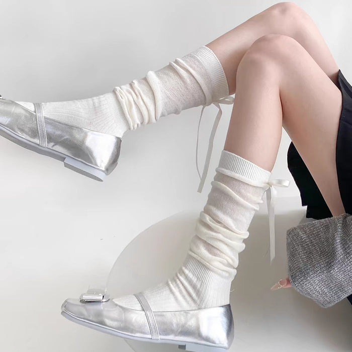 Wholesale Ballet style bow socks with stripes, mid tube pile socks, long tube socks