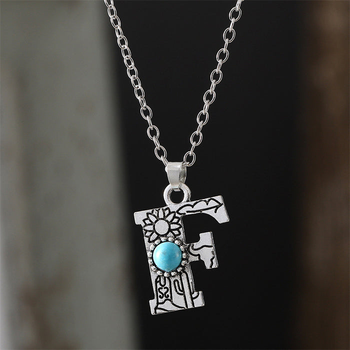 Wholesale 2pcs Retro 26 English Letter Turquoise Necklace