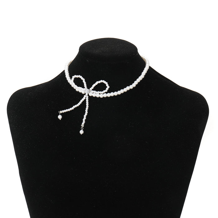 Wholesale Imitation Pearl Tassel Necklace, Diamond Bow Super Fairy Clavicle Chain
