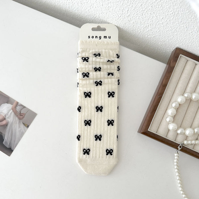 Wholesale Thin mid tube bow lace pile socks with mesh breathable cotton