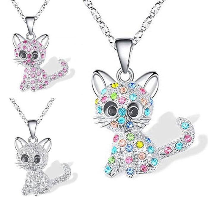 Wholesale Cute colorful cat rhinestone pendant choker necklace