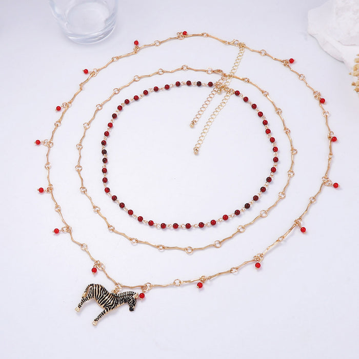 Wholesale Multi-layer Stacked Beaded Chain Necklace Alloy Zebra Pendant Necklace