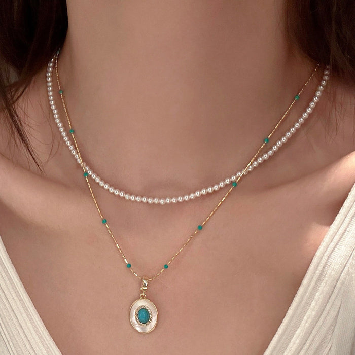 Wholesale Turquoise pearl necklace, layered women's accessory, collarbone chain, light luxury niche pendant, neckchain accessory