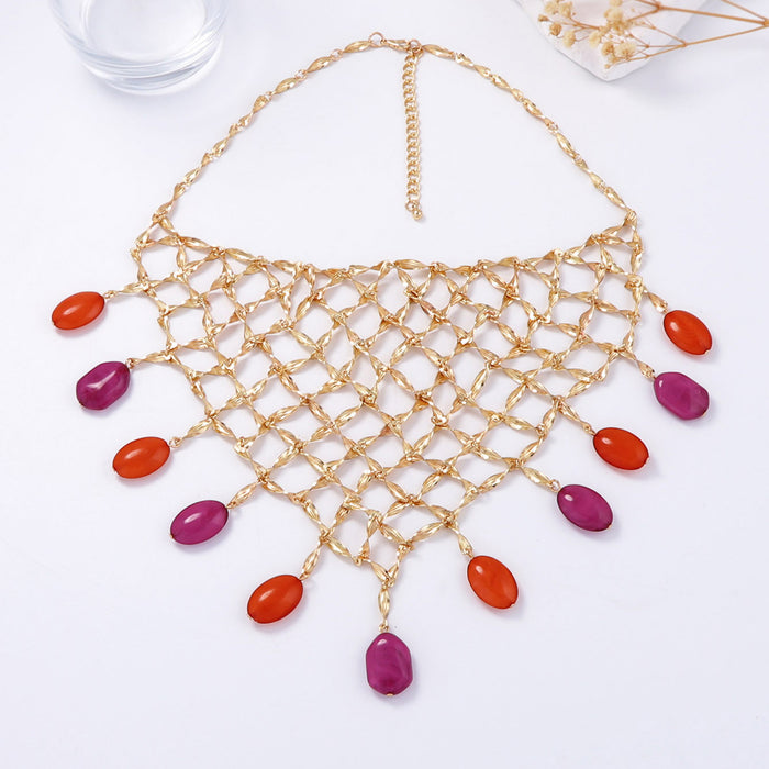 Wholesale Beaded Metal Mesh Pendant Necklace Versatile and Casual