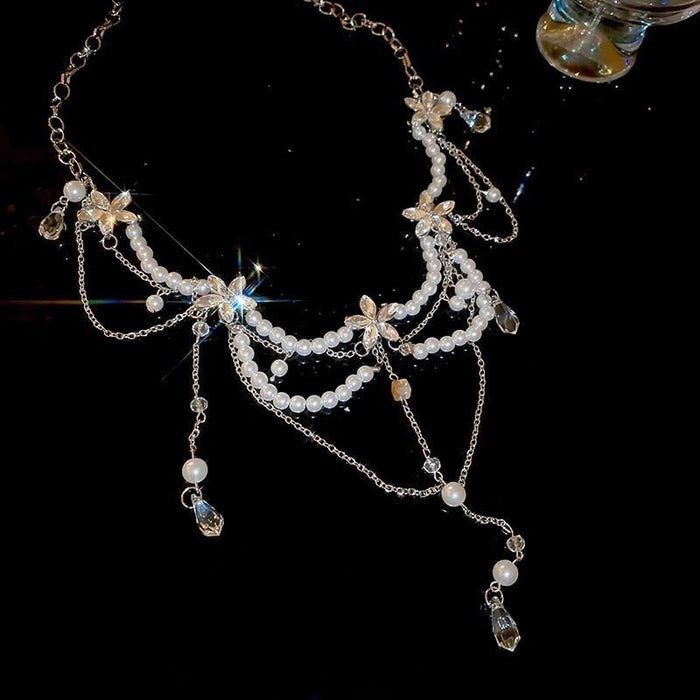 Wholesale Silver Flower Pearl Water Drop Tassel Waist Chain Accessible