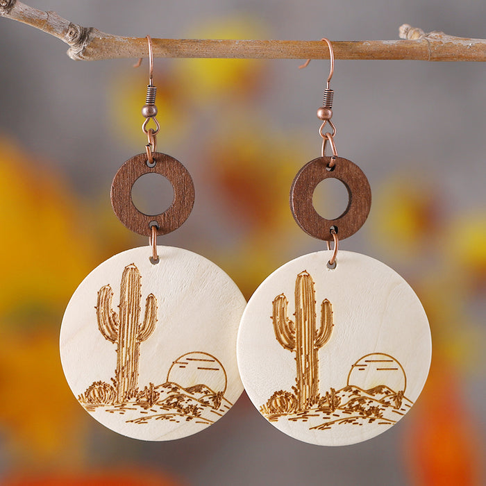 Wholesale Bohemian Western style cactus sun Aztec pattern wooden laser disc ing earrings
