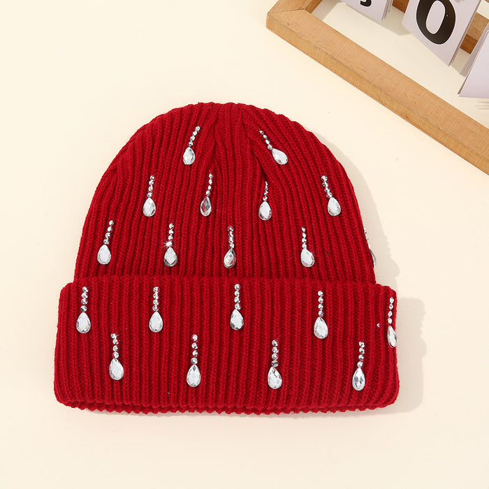 Wholesale Pearl sparkling diamond knitted hat,  double-layer outdoor warm woolen hat