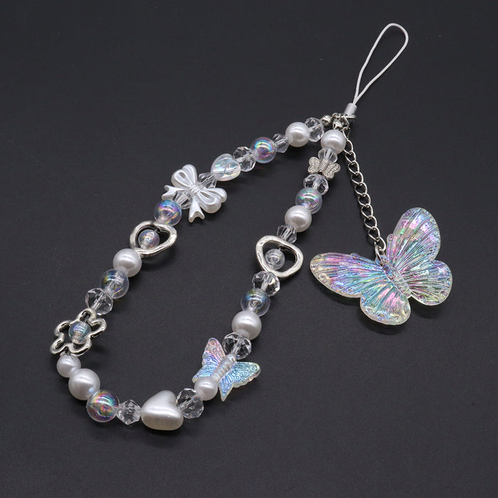 Wholesale Dopamine Crystal Pink Butterfly Mobile Phone Chain Sweet Long Mobile Phone Lanyard Keychain