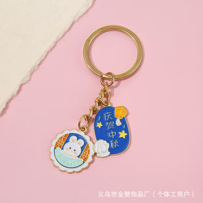 Wholesale Cartoon keychain pendant metal jade rabbit moon cake creative Mid-Autumn Festival souvenir pendant gift small gift