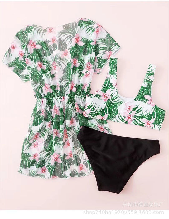 Wholesale Children's split swimsuit with waist cinching, sun protection print, girls' swimsuit