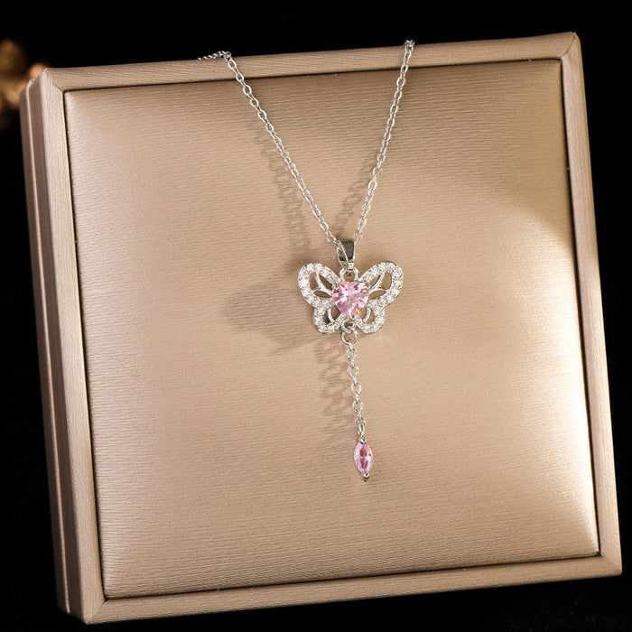 Wholesale Pink zircon silver titanium steel necklace
