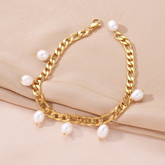 Wholesale Hip hop personality stainless steel natural freshwater pearl Cuban chain foot chain color preservation wholesale