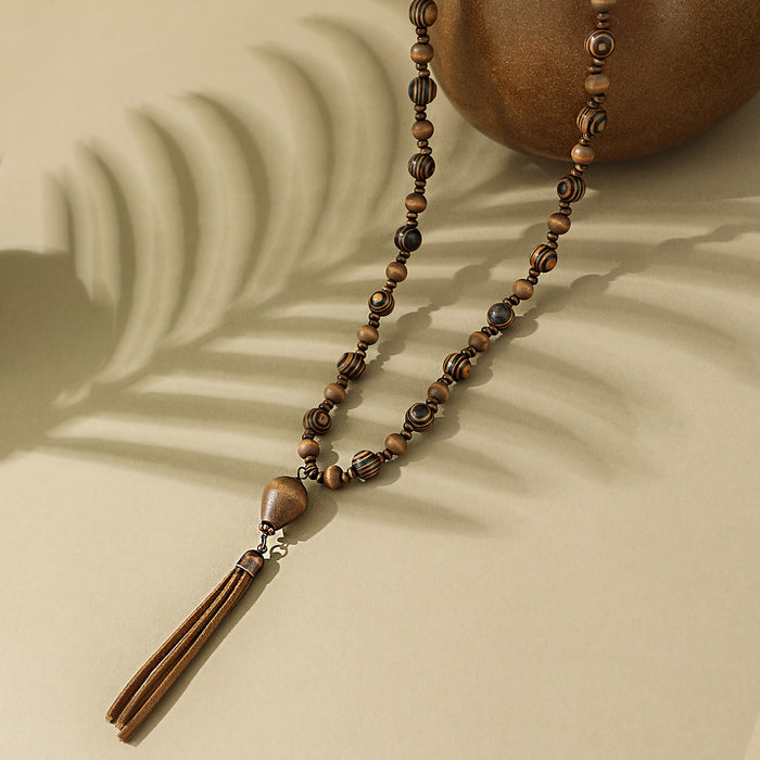 Wholesale Handmade Wood Beaded Long Necklace Boho Tassel Jewelry Accessory MOQ≥2