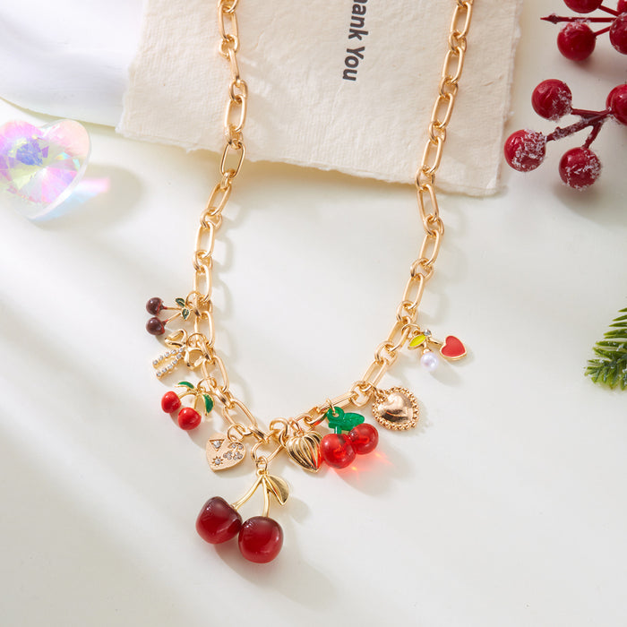 Wholesale Cute Cherry Bow Heart Pendant Alloy Necklace