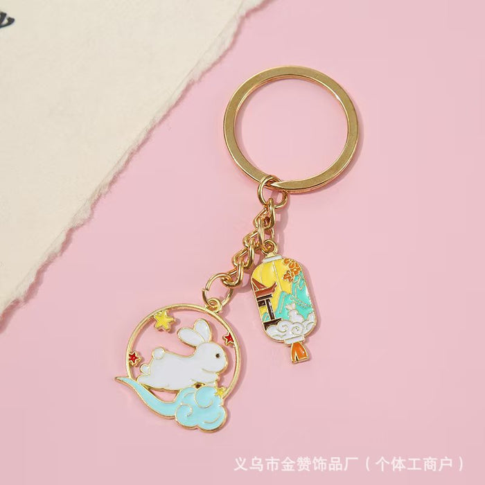 Wholesale Cartoon keychain pendant metal jade rabbit moon cake creative Mid-Autumn Festival souvenir pendant gift small gift