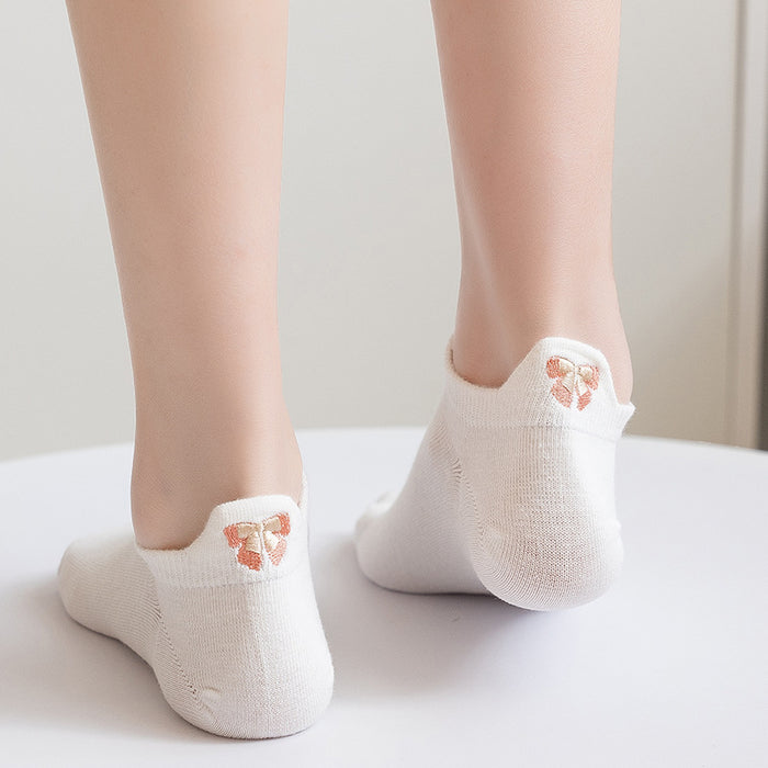 Wholesale Embroidered socks with heart-shaped heel, shallow socks, cotton socks, cute low cut, smiling face, bow socks