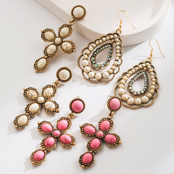 Wholesale Oval Statement Earrings with White Powder Turquoise Cross Inlay