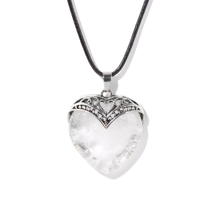 Wholesale Heart shaped pendant necklace with stone beads and tiger' s eye adjustable leather cord