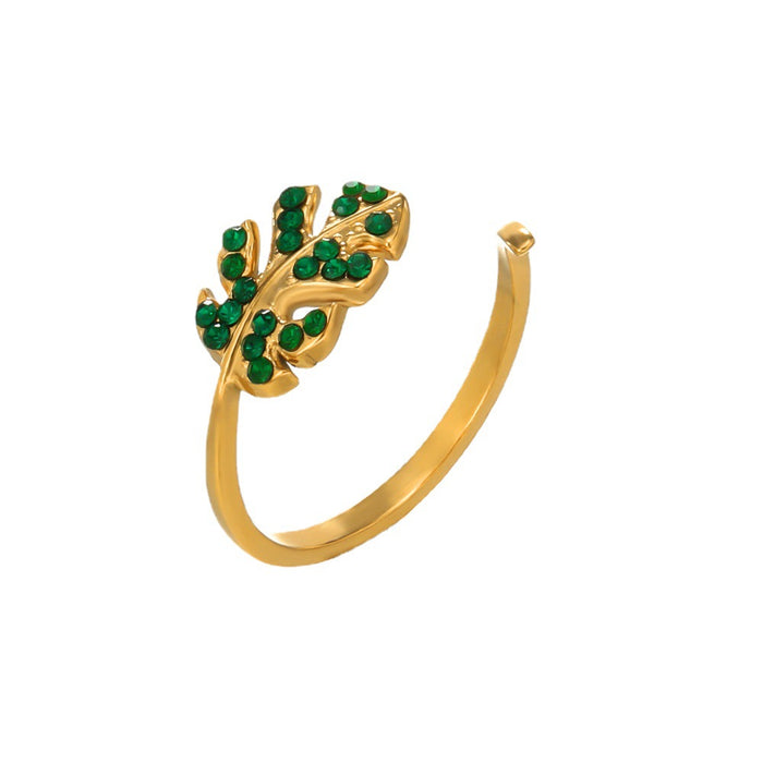 Wholesale Leaves Diamond Stainless Steel Ring Green Diamond Adjustable Ring for Women