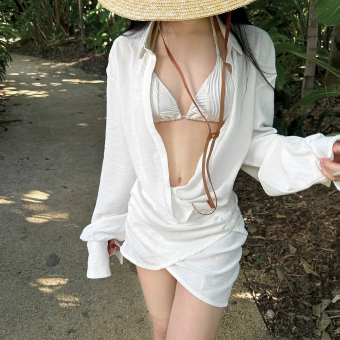 Wholesale Sexy neck hanging and backless split bikini long sleeved sunscreen shirt set