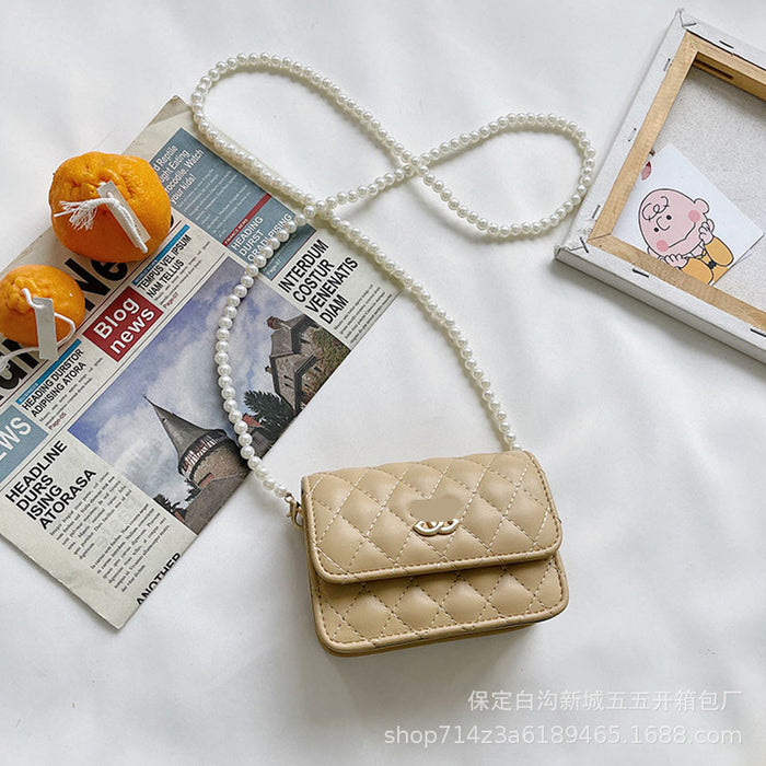 Wholesale Children's bag diamond grid embroidery thread mini pearl chain crossbody bag shoulder bag