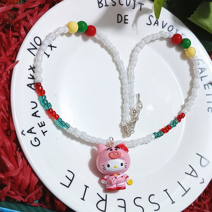 Wholesale Christmas Series Holiday Dress Up Pink Pig Cat bling Crystal Beaded Christmas Tree Short Necklace Chain Jewelry