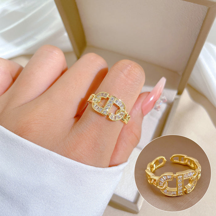 Wholesale Real Gold Electroplated Design Geometric Diamond Round Bead Ring Female Cold Style Open Ring JDC-RS-LG004