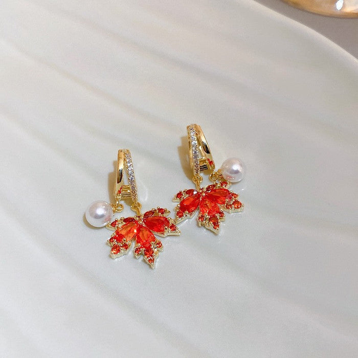 Wholesale Earrings Alloy Pearl Zircon Red Maple Leaf Double Layer JDC-ES-BY344
